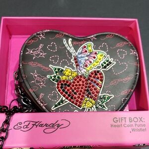 Ed Hardy black heart shaped rhinestone studded 2 red hearts butterfly coin purse
